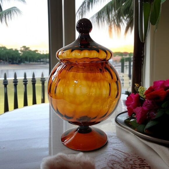Empoli Amber Glass Candy Dish Lid Apothecary Jar Circus Tent Optic Panel Italy - Picture 15 of 16